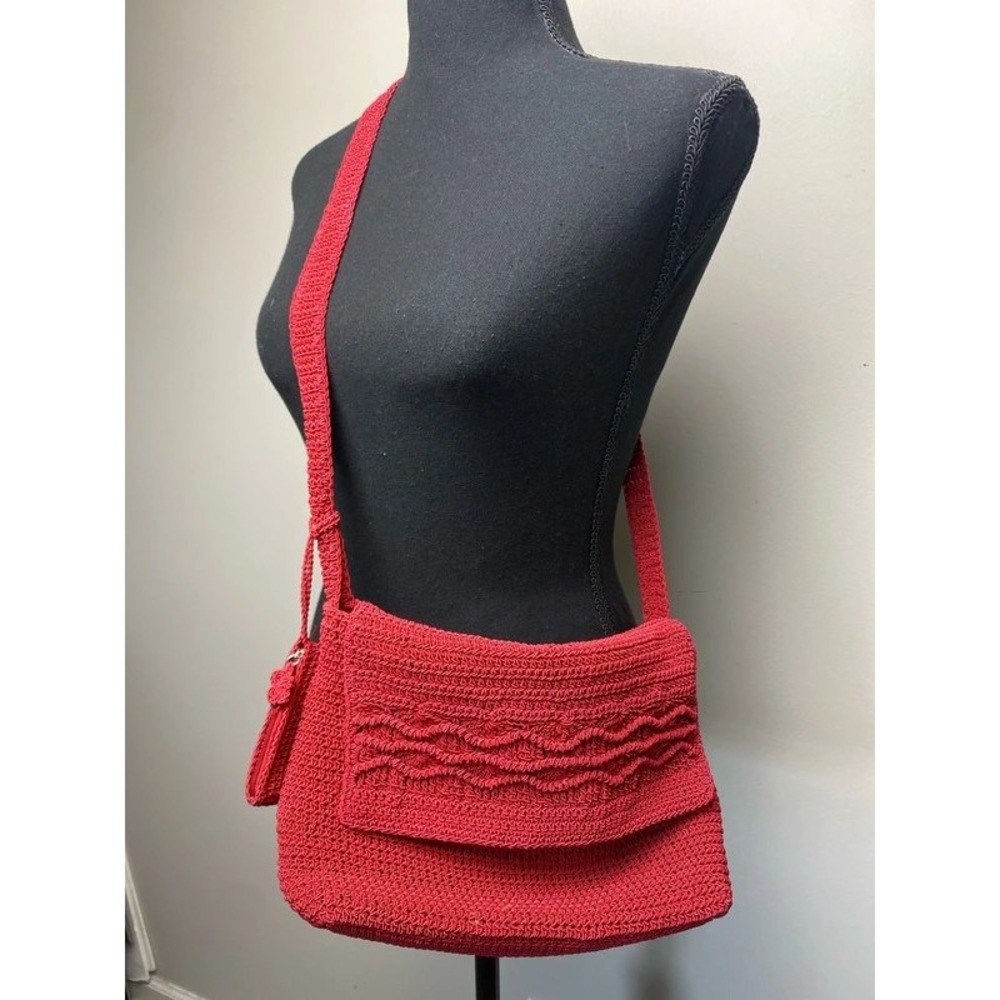 Vintage Red Crochet Flap Crossbody Bag Boho Knit Shoulder Purse